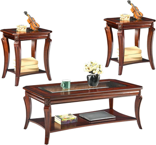 Living Room Tables Set of 3- One Coffee Table and Two End Table with Tempered Glass Top, Mid-Century Sofa beside Table and Center Table with Carved Legs, Easy Assembly Cherry Brown KFZ-CJZ-A1168-GT