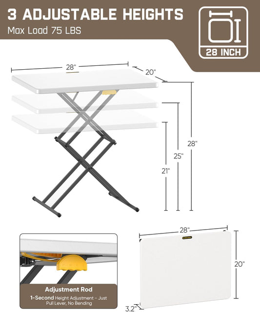 28 Inch Small Folding Table, One-Hand Height Adjustment, 3 Heights, Lowering Lever, Instalift, Portable Side Table for Tv Tray, Dining, Kitchen, No Assembly, Granite White Zeta X1 Apex