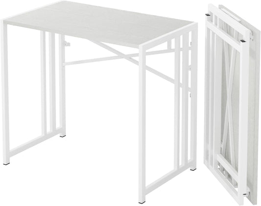 Small Folding Desk 35 Inch, No Assembly Required Narrow Office Desk, Writing Gaming Computer Camping Table, White