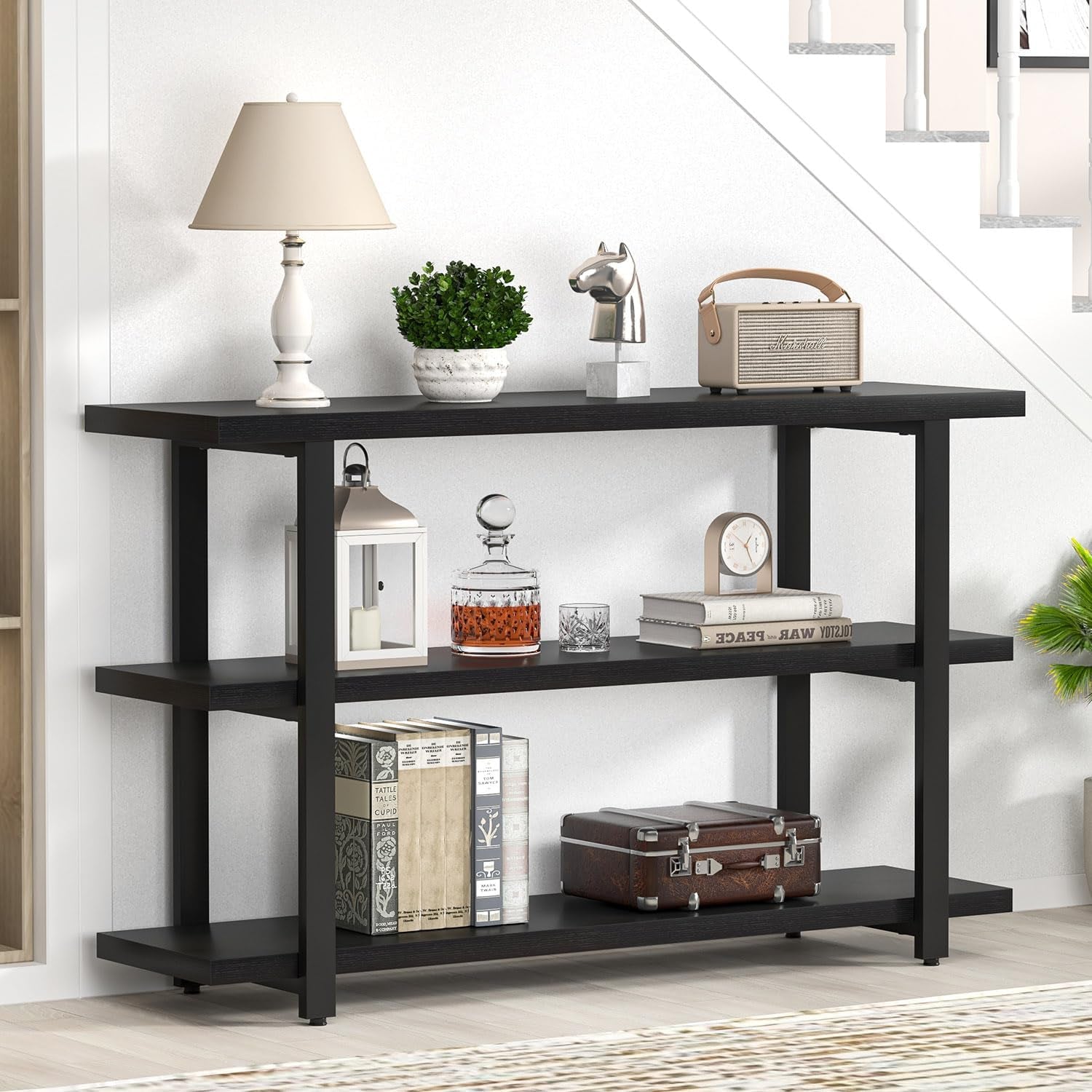 Black Entryway Table, Modern Console Tables with 3 Tier Storage Shelves for Living Room, Wood and Metal Sofa Table for Hallway, Entrance, or behind Couch, 47 Inch