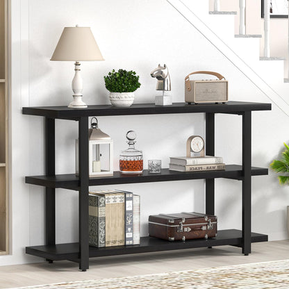 Black Entryway Table, Modern Console Tables with 3 Tier Storage Shelves for Living Room, Wood and Metal Sofa Table for Hallway, Entrance, or behind Couch, 47 Inch