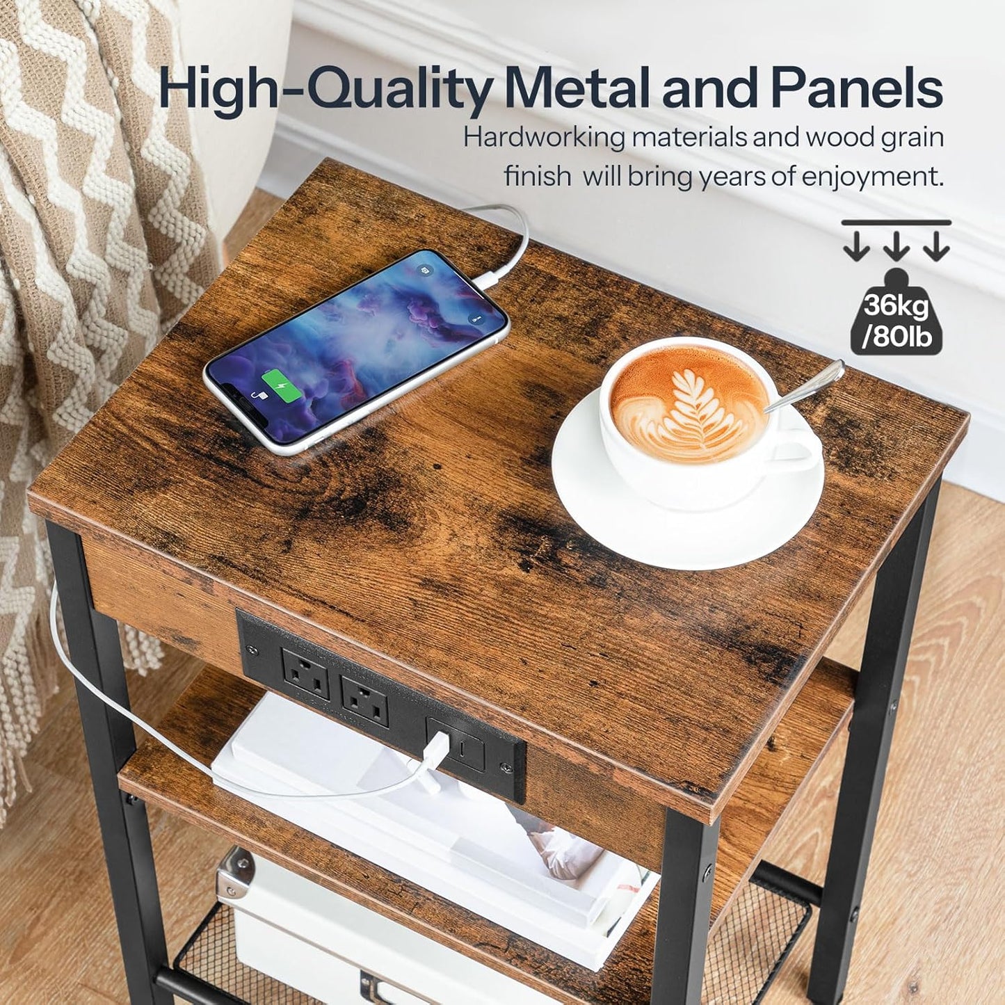 Side Table with Charging Station and USB Port, Small End Table for Small Space, 3-Tier Nightstand with Adjustable Shelf, for Living Room, Bedroom and Balcony, Rustic Brown BF112BZ01