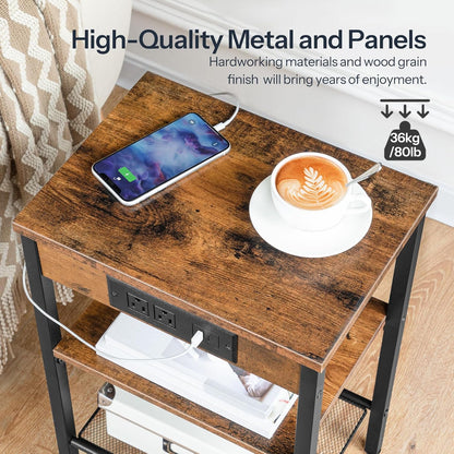Side Table with Charging Station and USB Port, Small End Table for Small Space, 3-Tier Nightstand with Adjustable Shelf, for Living Room, Bedroom and Balcony, Rustic Brown BF112BZ01