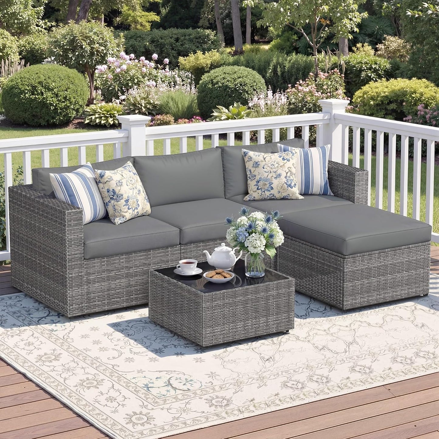 5-Pieces Outdoor Patio Furniture Set, All Weather Wicker Rattan Sectional Sofa, Patio Conversation Set with Cushions & Glass Coffee Table for Backyard Porch Garden Balcony, Grey