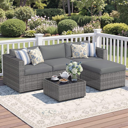 5-Pieces Outdoor Patio Furniture Set, All Weather Wicker Rattan Sectional Sofa, Patio Conversation Set with Cushions & Glass Coffee Table for Backyard Porch Garden Balcony, Grey