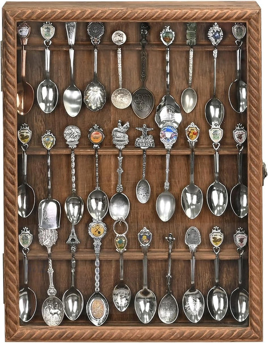 Wooden 30-Souvenir Spoon Display Case Cabinet, Wall-Mounted Tea Spoon Rack with Tempered Glass Door Suitable for Collection Display, Brown Color, 13.4W X 2.6D X 15.7H In