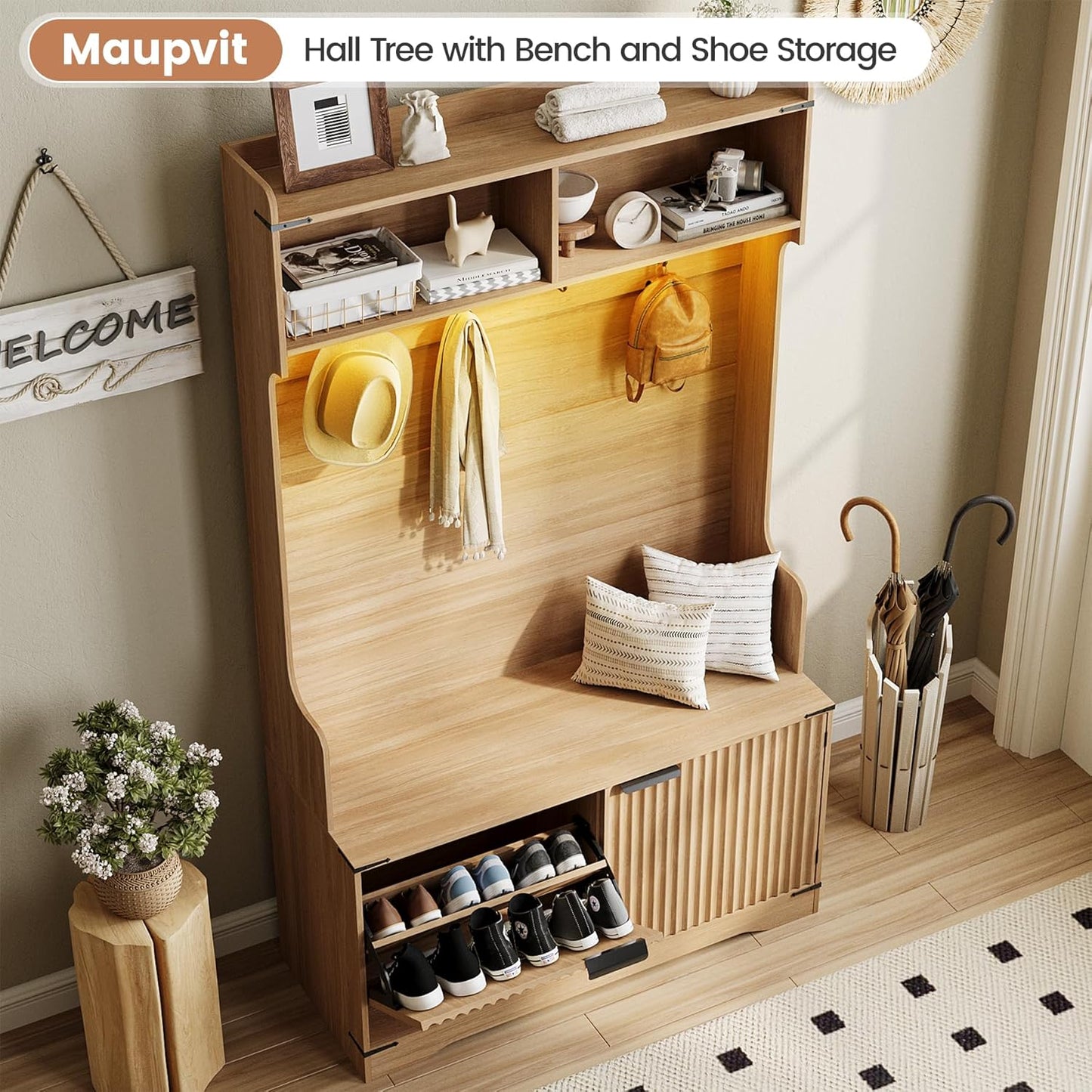 67" Entryway Hall Tree with Bench and Shoe Storage, 5-In-1 Coat and Shoe Rack, Mudroom Bench with Storage and 4 Hooks, Adjustable LED Sensor Light, Modern Boho Fluted Coat Tree, Walnut