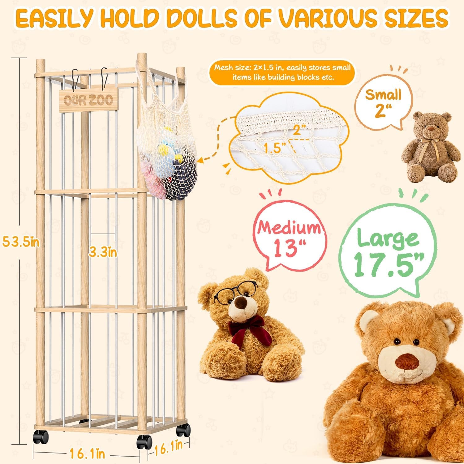 Stuffed Animal Storage & Holder, Natural Pine Wood Plushies Storage with Wheels, Large Capacity Stuffed Animal Zoo with Building Block Bag, Space save Toy Organizer for Nursery Playroom & Bedroom