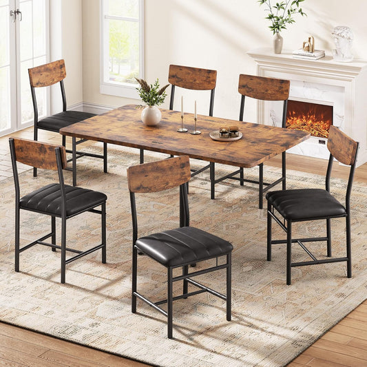 Industrial Dining Chairs Set of 6 - Upholstered Dining Room Chairs with PU Leather, Kitchen Chairs with Wooden Backrest and Thickened Metal Legs, for Dining Room, Living Room（Rustic Brown）