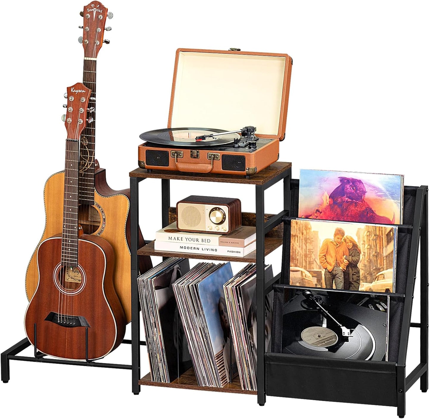 Record Player Stand, Adjustable Guitar Stand for Acoustic Guitar, Electric Guitar, Bass, Turntable Stand with Vinyl Display Shelf Storage up to 150 Albums,Brown End Table for Music Room