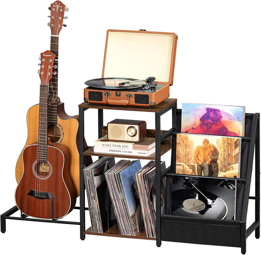 Record Player Stand, Adjustable Guitar Stand for Acoustic Guitar, Electric Guitar, Bass, Turntable Stand with Vinyl Display Shelf Storage up to 150 Albums,Brown End Table for Music Room