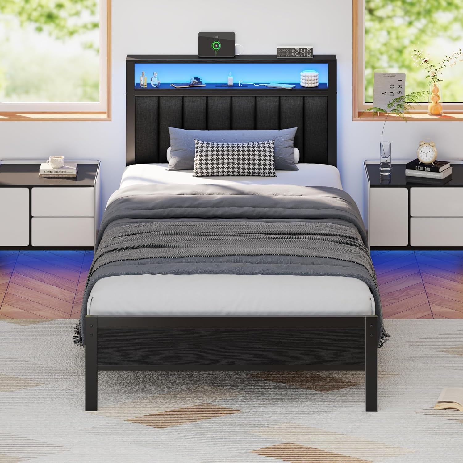 Twin Size Bed Frame with Charging Station and LED Lights, Platform Bed with Metal Slats, Grey Upholstered Headboard with 2-Tier Storage Shelves, No Box Spring Needed