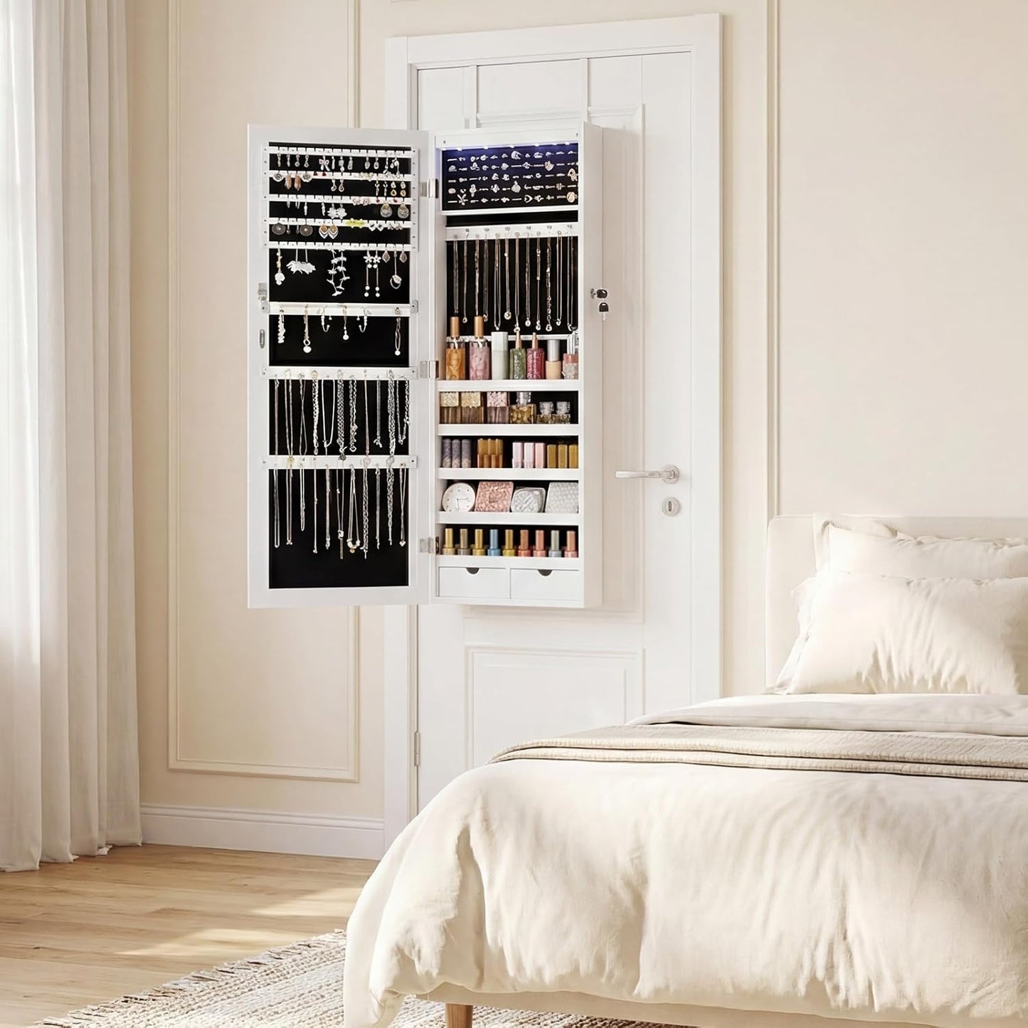 6 Leds Mirror Jewelry Cabinet, Wall or Door Mounted Jewelry Organizer, 47.2-Inch Tall Lockable Large Capacity Cosmetic Storage, Gift Idea, White