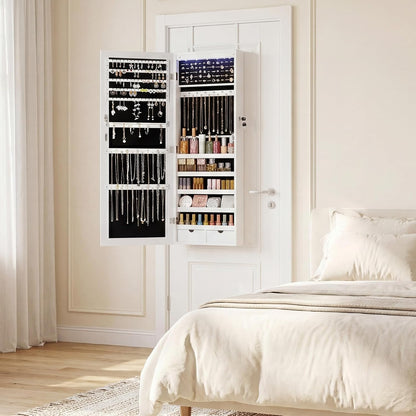 6 Leds Mirror Jewelry Cabinet, Wall or Door Mounted Jewelry Organizer, 47.2-Inch Tall Lockable Large Capacity Cosmetic Storage, Gift Idea, White