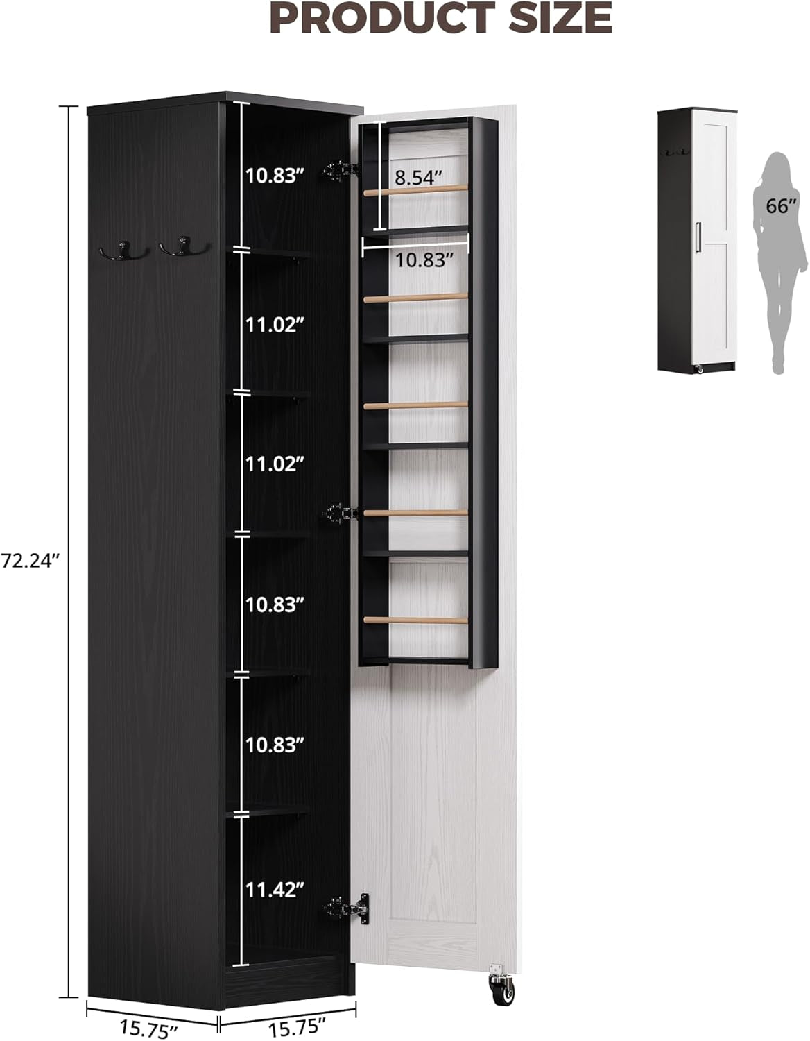 Small Kitchen Pantry Cabinet 72" for Narrow Space, with Single Door and Adjustable Shelves, Freestanding Tall Storage Cabinet for Living Room, Bathroom, Black and White