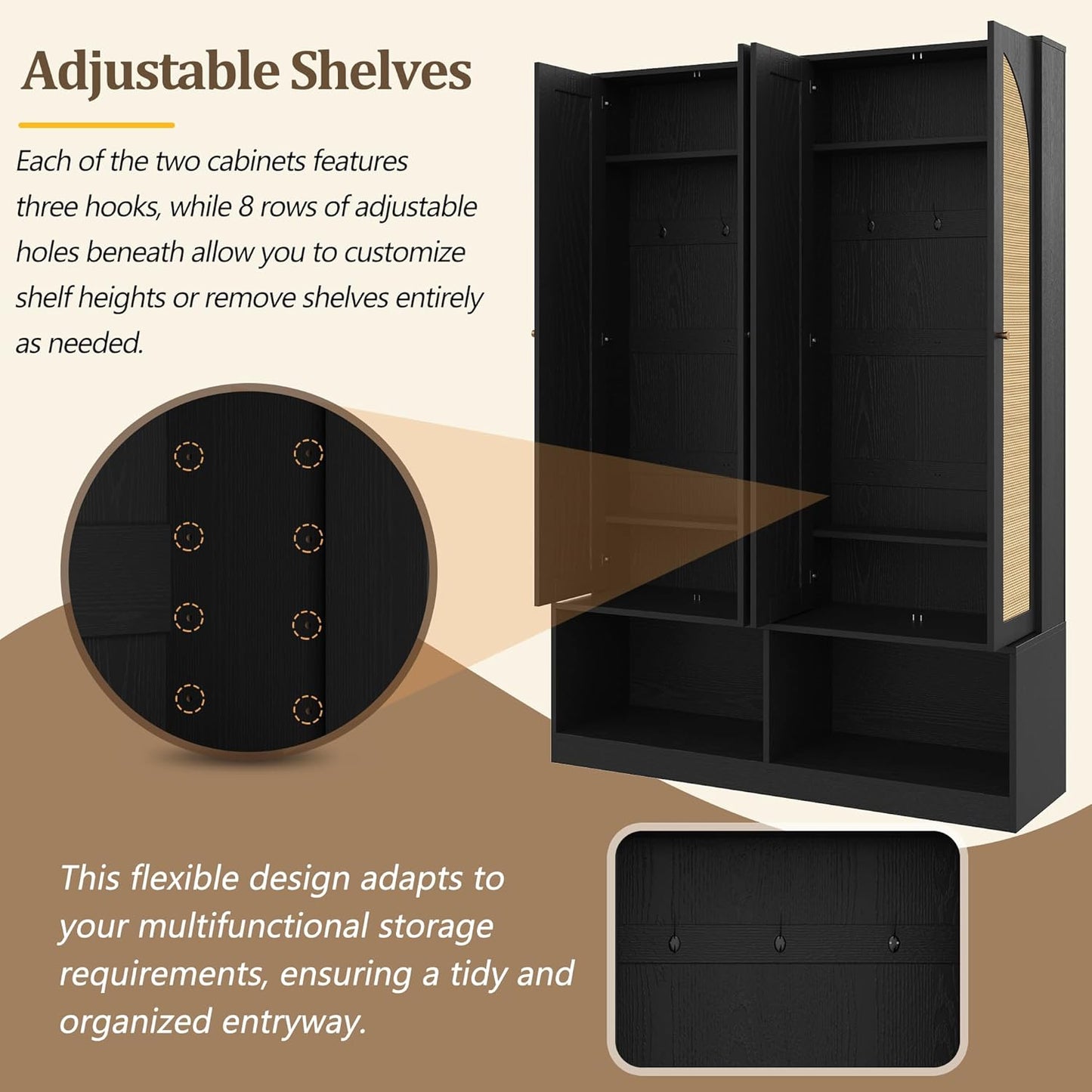 Farmhouse Hall Tree with 4 Rattan Doors & Bench - 55.1" Entryway Shoe Cabinet, 6 Hooks, Adjustable Shelf, Mid-Century Storage for Living Room, Black