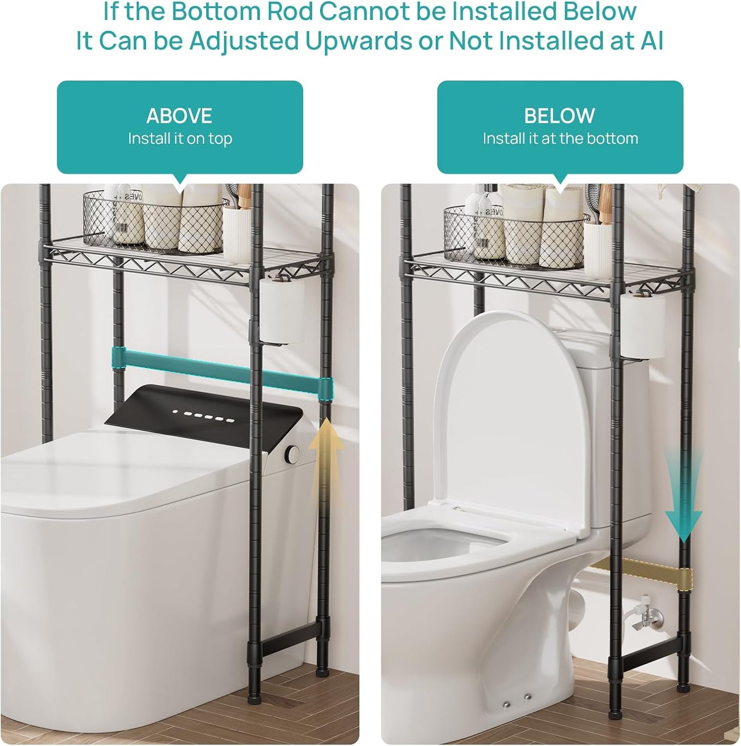 Over the Toilet Storage Shelf：3-Tier Bathroom Organizer and Storage Shelf with Adjustable Shelf and Basket Freestanding Space Saver above Toilet for Room Black