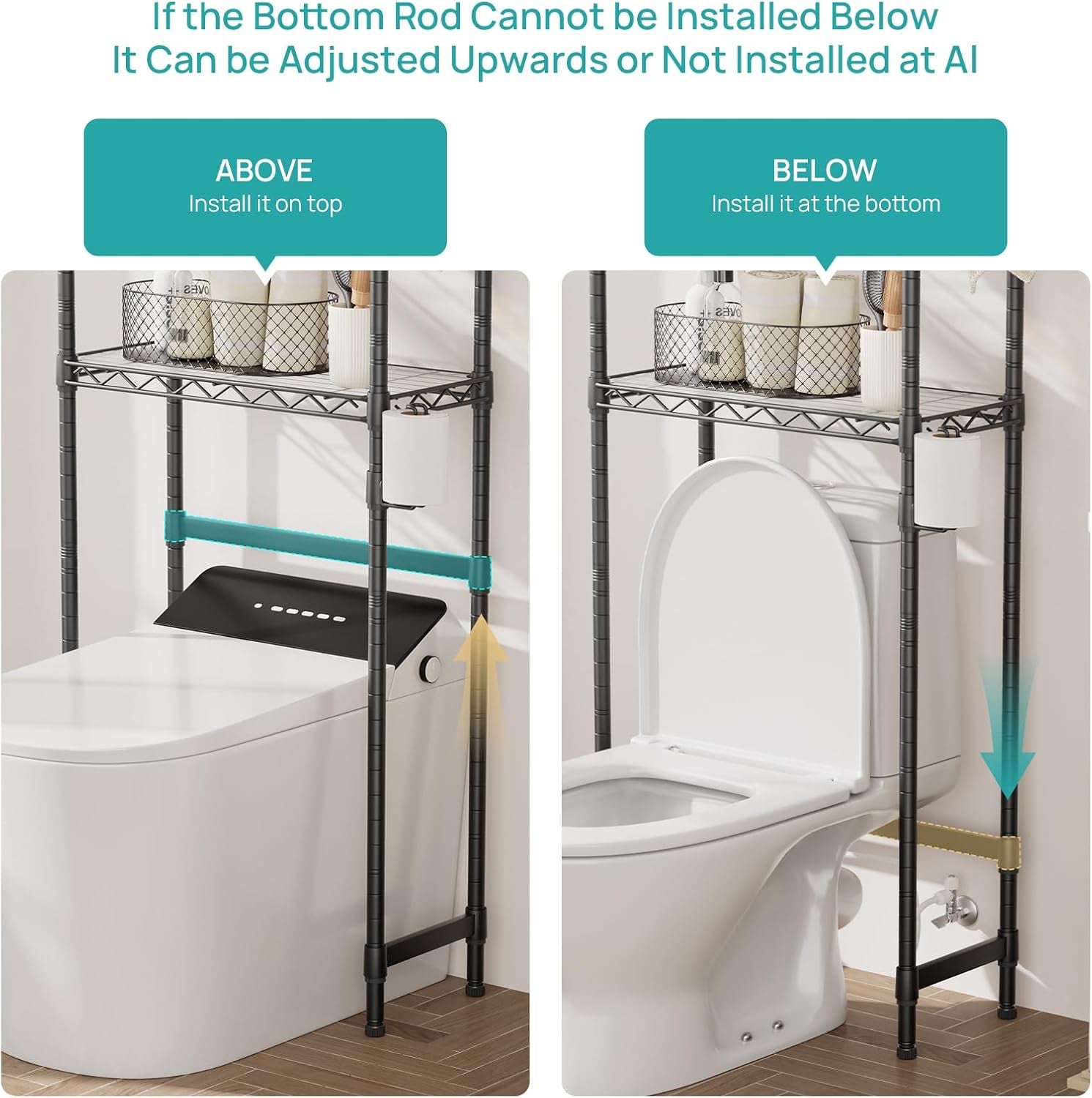 Over the Toilet Storage Shelf：3-Tier Bathroom Organizer and Storage Shelf with Adjustable Shelf and Basket Freestanding Space Saver above Toilet for Room Black