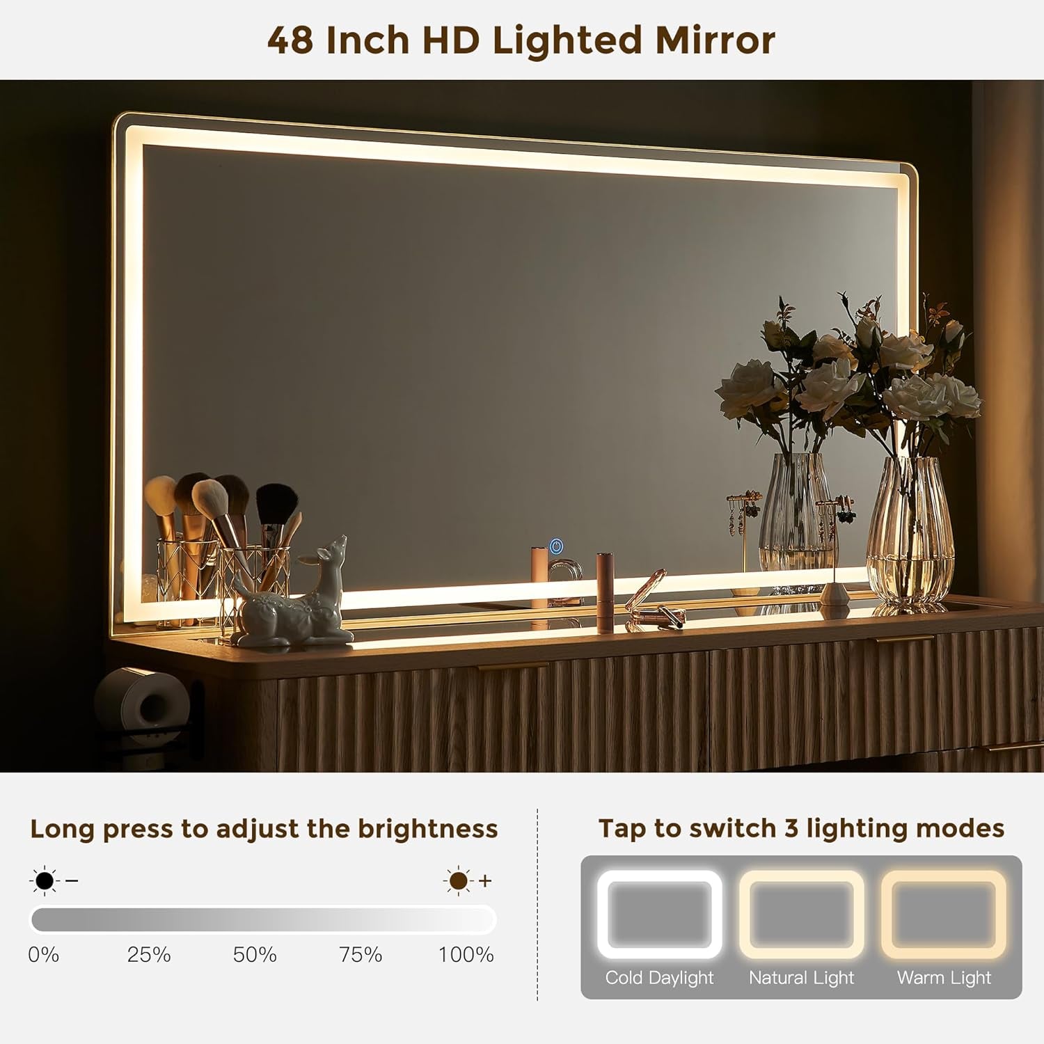 48" Fluted Makeup Vanity Desk with Large Led Lighted Mirror, Modern Vanity Table with 8 Drawers & Charging Station, Glass Top Dressing Table for Bedroom, Natural Oak