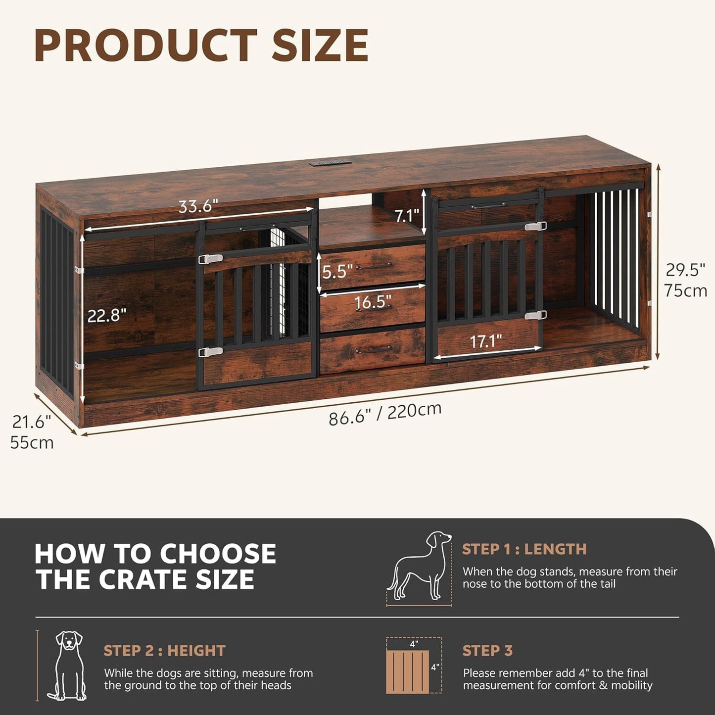86.61" Large Double Dog Crate Furniture with Storage Drawers Farmhouse Dog Kennel TV Stand Indoor for 2 Large Medium Dogs Decorative Dog Cage with Sliding Door Power Outlets Brown