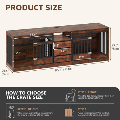 86.61 Inch Large Double Dog Crate Furniture with Storage Drawers & Shelf Farmhouse Dog Kennel TV Stand Indoor for 2 Medium Large Dogs Decorative Dog Cage with Sliding Door Power Outlets Grey