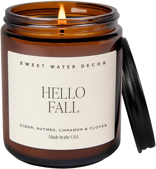 Hello Fall Soy Candles - Fall Candle with Hot Cider, Cinnamon, Cloves, and Nutmeg Scent for Home - Soy Candle with 40 Hours Burn Time - 9Oz Black Lid Amber Jar Candles Fall Scents