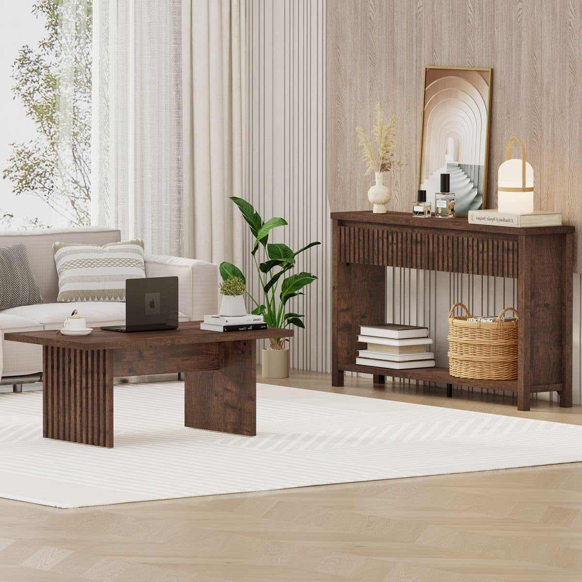 47 Inch Coffee Table, Fluted Side Panels Coffee Tables for Living Room, Large Wooden Tabletop Center Table, Farmhouse Living Room Tables for Lounge, Office, Rustic Oak