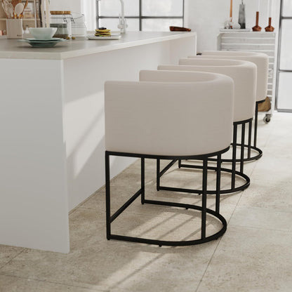 Cream linen upholstered counter height bar stools set of three with black metal base