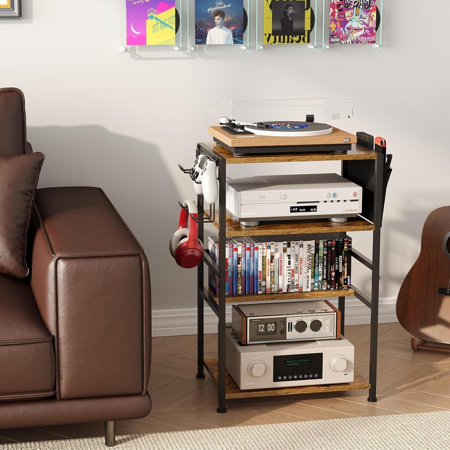 4-Tier AV Media Stand,Game Console Stand with 4 Hooks and Fabric Bags,Dvd Shelf,Media Storage Cabinet,Audio Rack Record Player Stand Small Entertainment Center for Home Dorm, Apartment