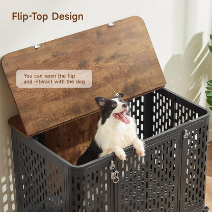 43.7" Dog Crate Furniture with Wheels, Indoor Heavy Duty Dog Kennel with Flip Top & Cushion for Medium Dogs, Escape-Proof and Chew-Proof Pet Cage for High Anxiety Pet, Decorate as TV Stand