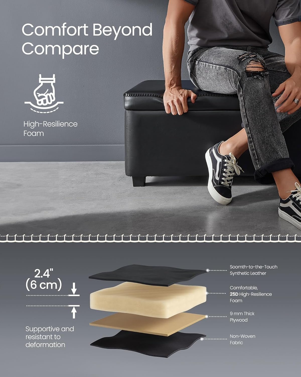 EKHO Collection - Bench for Entryway Bedroom, Synthetic Leather with Stitching, Ottoman Bench with Steel Legs, Living Dining Room, Mid-Century Modern, Loads 660 Lb, Ink Black ULOM076B01