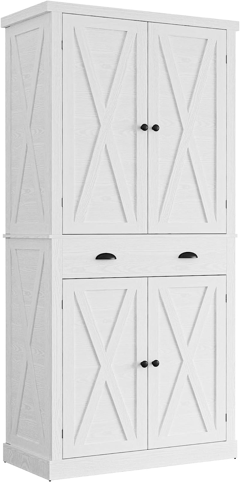 Kitchen Pantry Storage Cabinet 72.6" H, with Barn Doors, Drawer, 4 Adjustable Shelves, Freestanding Cupboard, Laundry, White