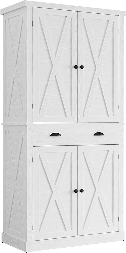 Kitchen Pantry Storage Cabinet 72.6" H, with Barn Doors, Drawer, 4 Adjustable Shelves, Freestanding Cupboard, Laundry, White