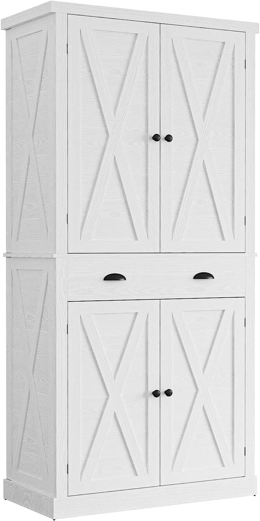 Kitchen Pantry Storage Cabinet 72.6" H, with Barn Doors, Drawer, 4 Adjustable Shelves, Freestanding Cupboard, Laundry, White