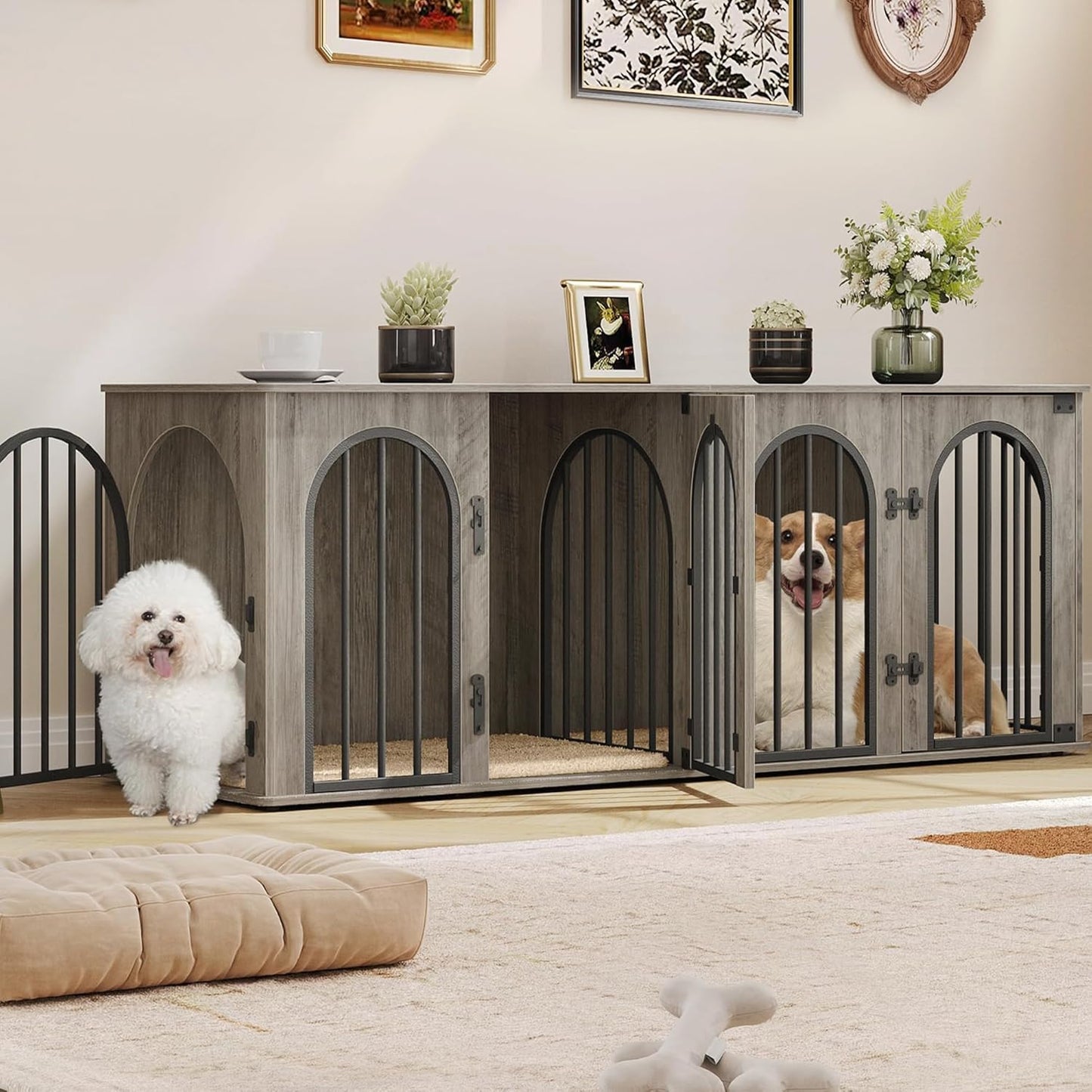 63" Dog Crate Furniture for 2 Dogs, Heavy Duty Indoor Dog Kennel TV Stand, L Wooden Dog Cage with Divider for Medium Large Dogs, End Table Dog Crate with Cushion, Greige Black DFC80905B