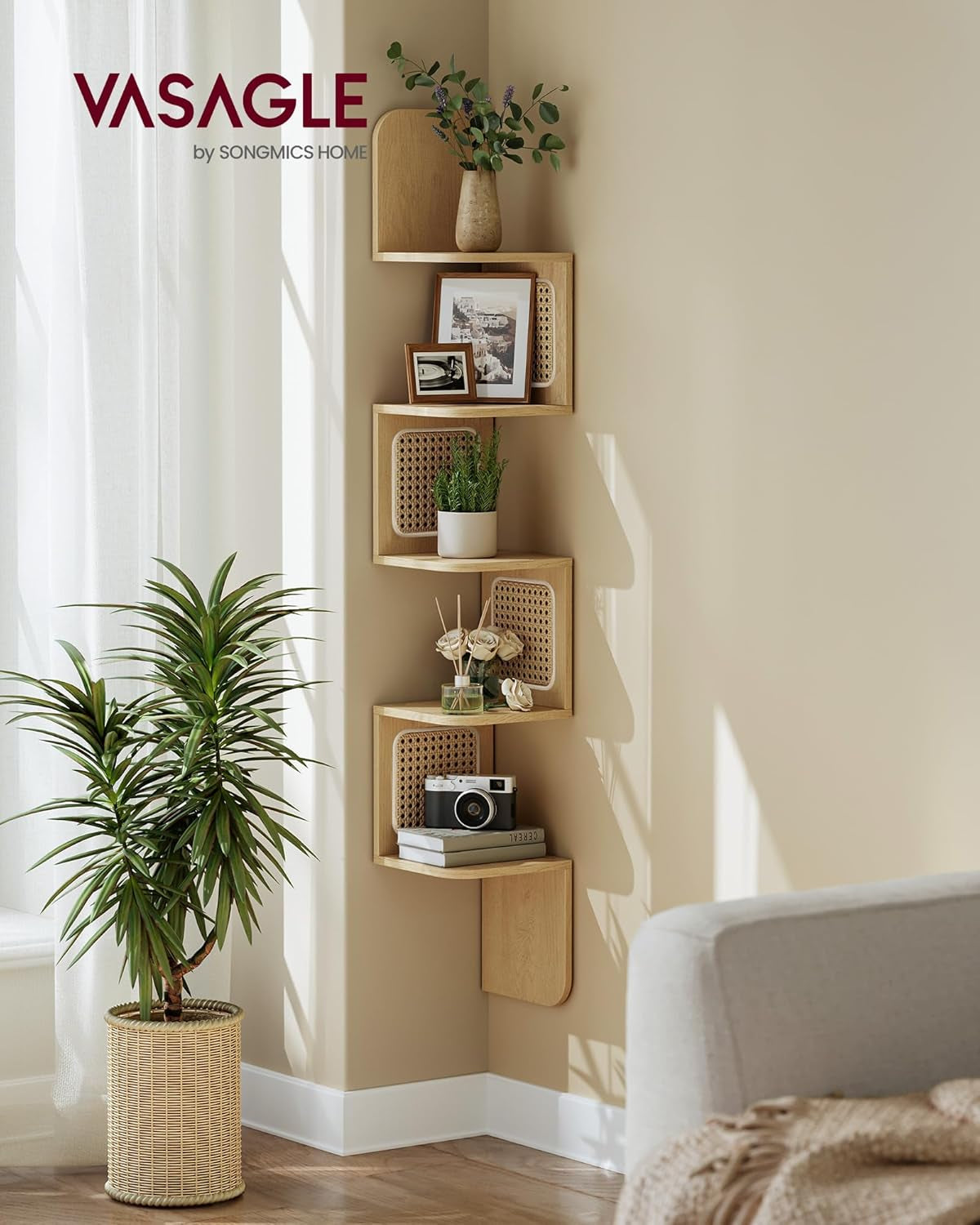 5-Tier Corner Shelf, Wall Mounted Floating Shelf, Zigzag Corner Shelf Unit, PVC Rattan Sides, Space-Saving, for Kitchen, Living Room, Bedroom, Boho Style, Oak Beige ULLS582Y57