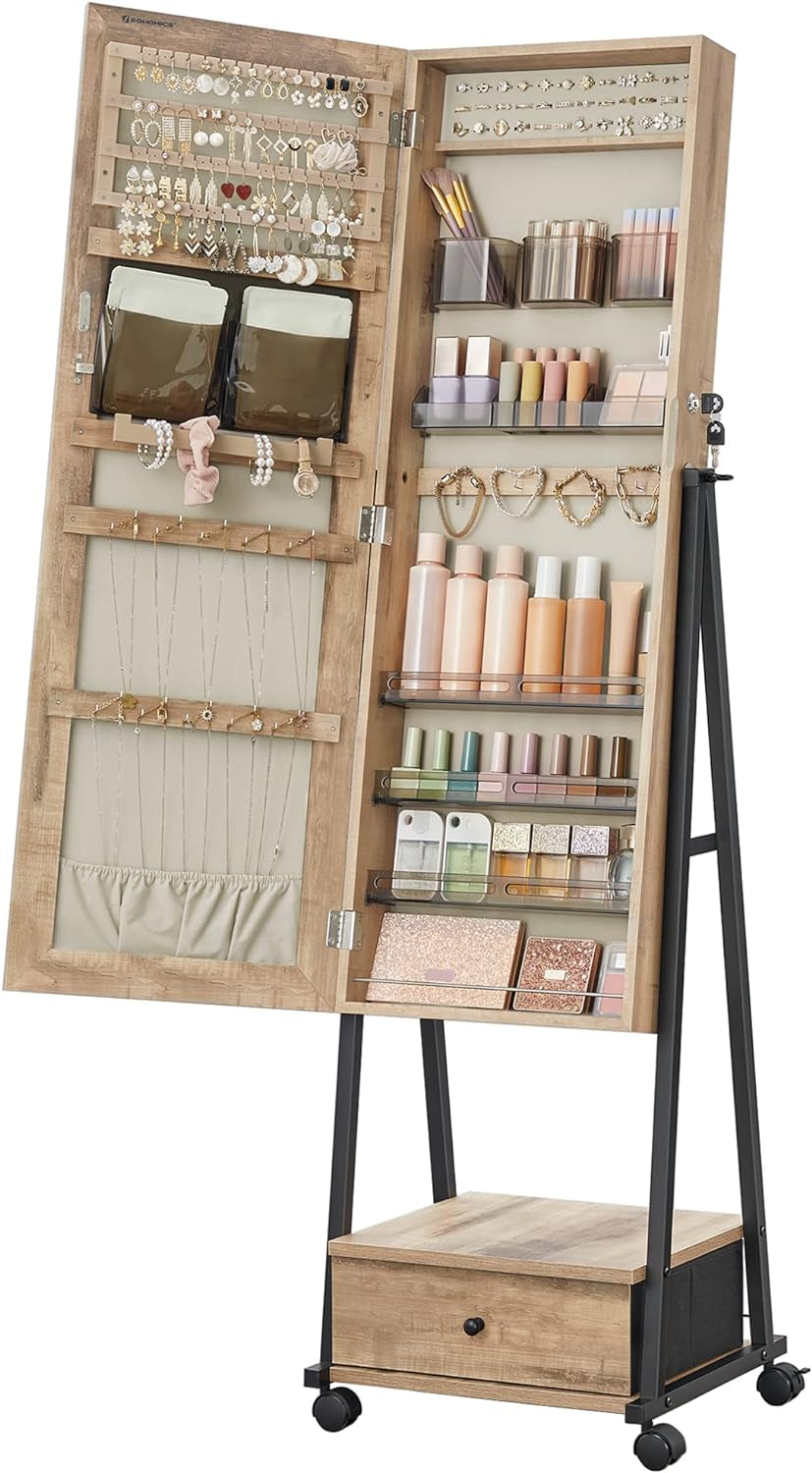 Jewelry Cabinet Floor Standing, Lockable Jewelry Organizer with High Full-Length Mirror, Bottom Drawer, Shelf, Wheels, Jewelry Armoire, Gift Idea, Toasted Oak Color and Black UJJC004N01