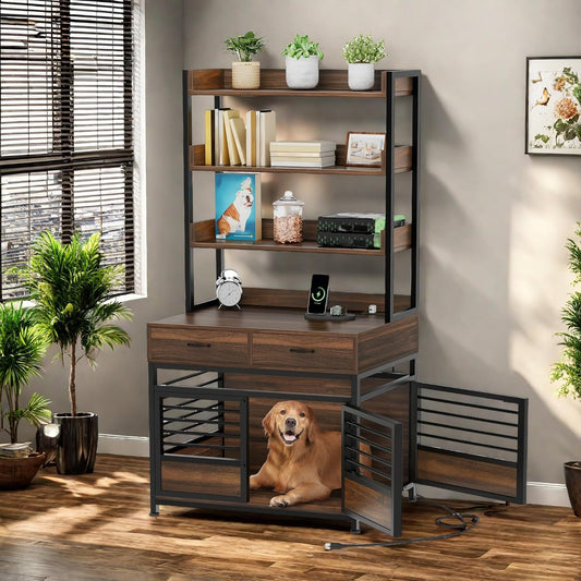39 Inch Dog Crate Furniture with Storage Shelves, Wooden Dog Crate for Large Dogs with Power Outlets, Dog Kennel Indoor Farmhouse Decorative Dog Cage with Double-Doors Drawers, Rustic Brown