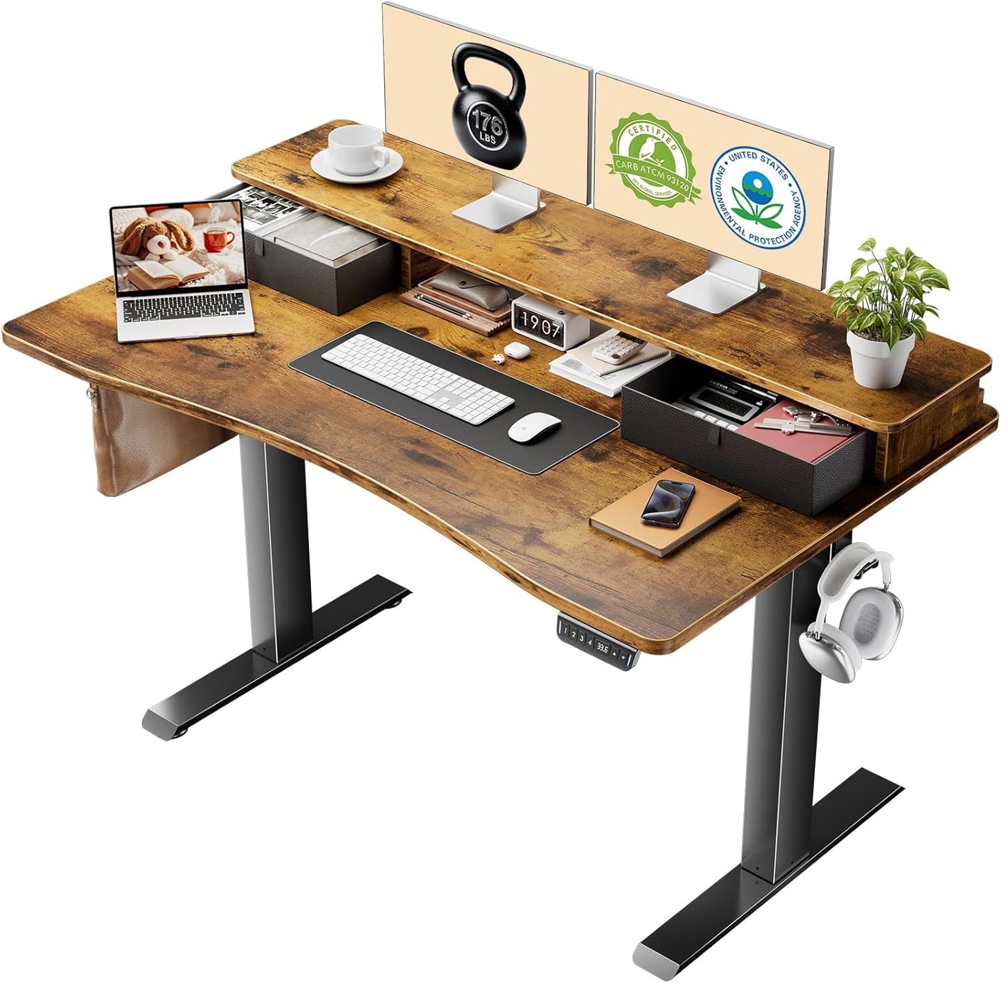 47.2"×27.6" Standing Desk with Storage Drawers, Adjustable Height Computer Table with Monitor Shelf, Home Office Desk for Study, Gaming, Workstation, Brown
