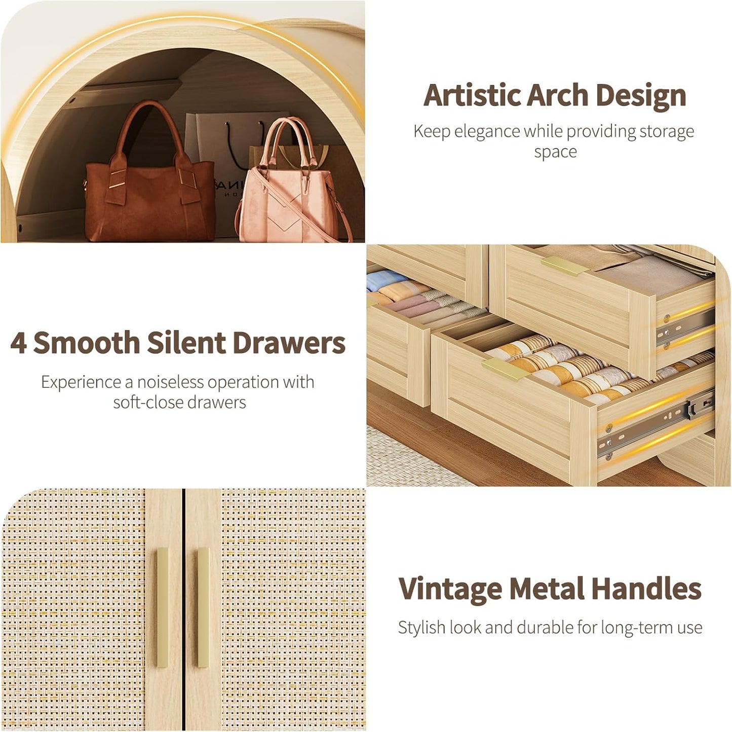 Armoire Wardrobe Closet with 4 Drawers - Wood Bedroom Armoires and Wardrobes with Rattan Doors for Hanging Clothes, Tall Clothing Cabinet Arched Closets for Cloak Room, Large Capacity Storage