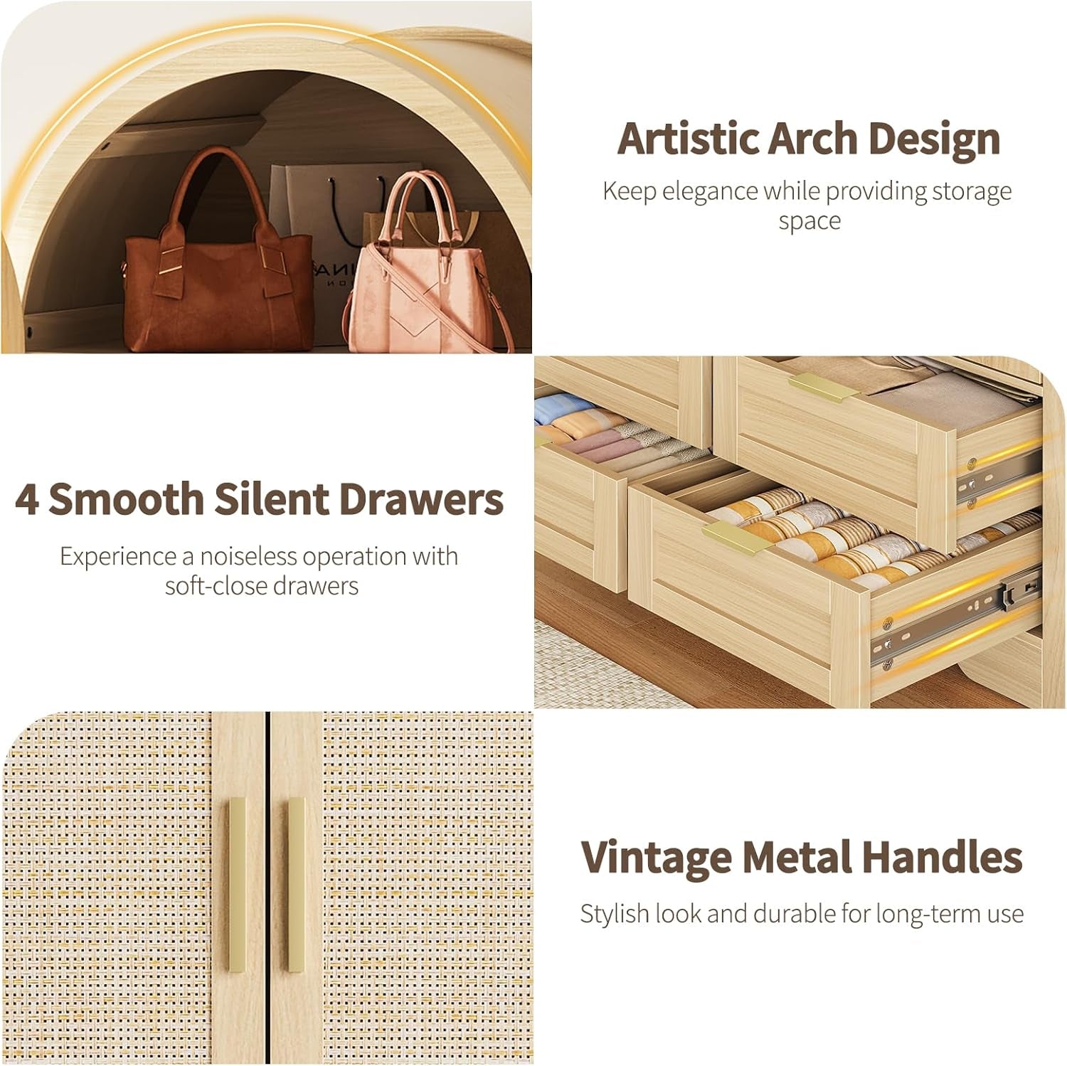 Armoire Wardrobe Closet with 4 Drawers - Wood Bedroom Armoires and Wardrobes with Rattan Doors for Hanging Clothes, Tall Clothing Cabinet Arched Closets for Cloak Room, Large Capacity Storage