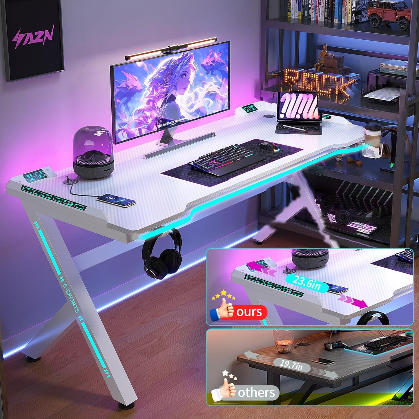 Gaming Desk, 55'' Computer Desk, Gaming Desk W/Led Lights & Carbon Fiber Desktop, Home Office Desks W/Ergonomic Design, Computer Desks W/Cup Holder, Headphone Holder, Cable Organizer