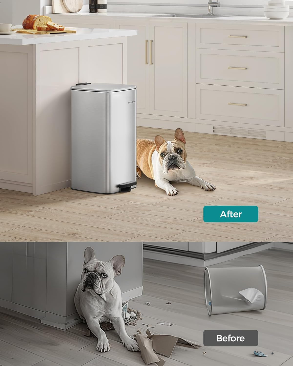 Kitchen Trash Can, 8-Gallon (30 L) Trash Bin, Stainless Steel Garbage Can, with Inner Bucket, Soft Close and Stays Open, Metallic Silver ULTB593E01
