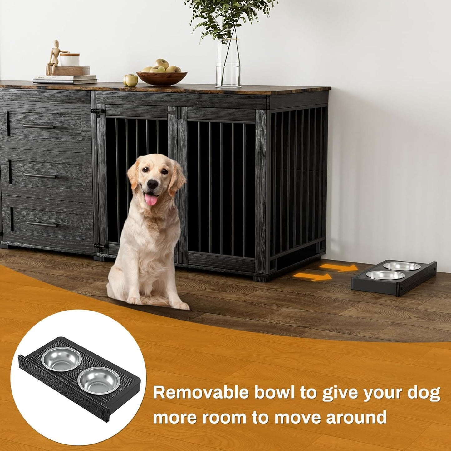 94.5" Large Dog Crate Furniture for 2 Dogs, Double Wooden Dog Kennel Furniture with 4 Dog Bowls & 3 Drawers, Heavy Duty Indoor Furniture Style Dog Cage TV Stand/Table/House, Black