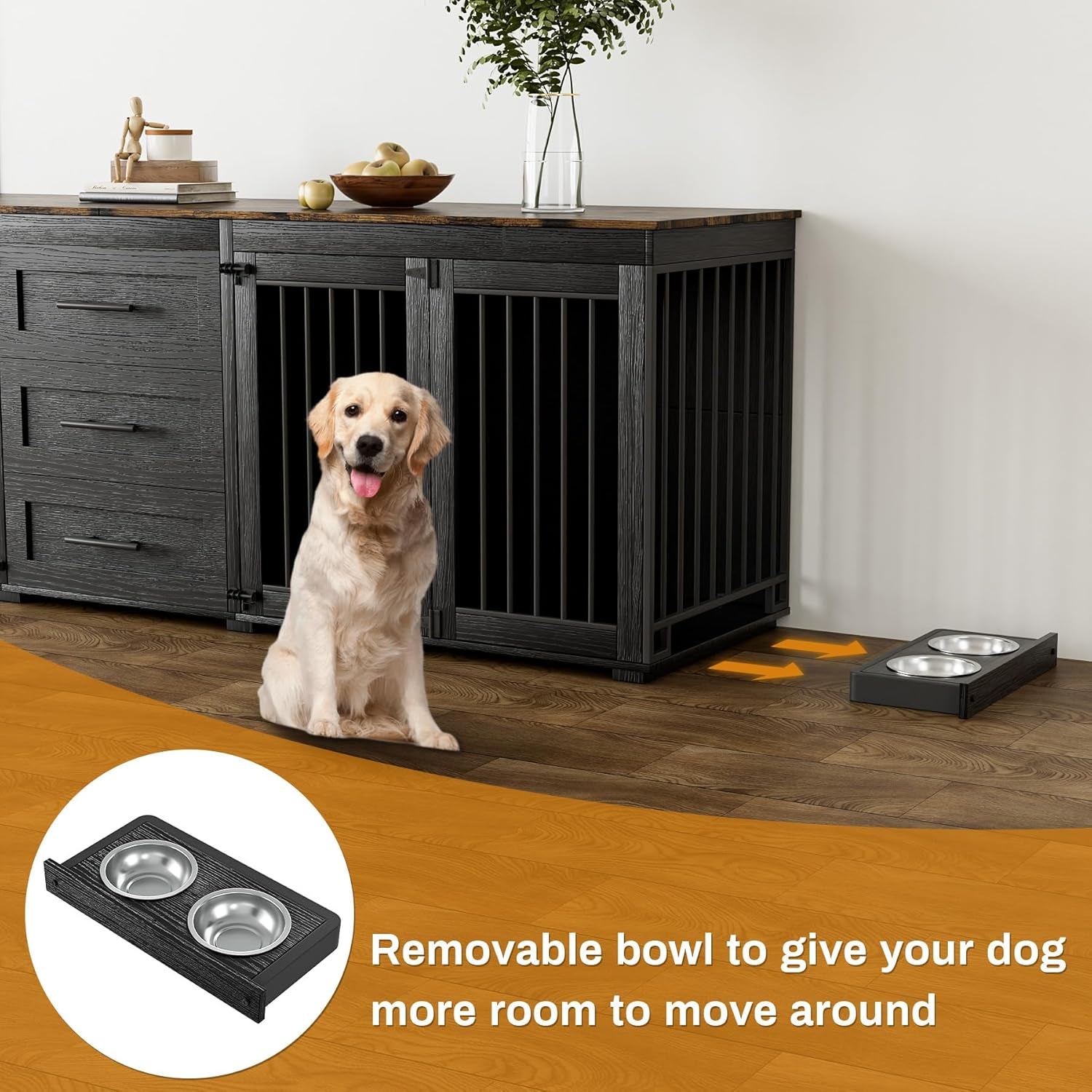 94.5" Large Dog Crate Furniture for 2 Dogs, Double Wooden Dog Kennel Furniture with 4 Dog Bowls & 3 Drawers, Heavy Duty Indoor Furniture Style Dog Cage TV Stand/Table/House, Black