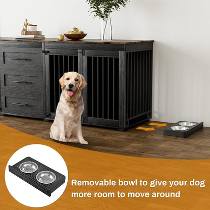 94.5" Large Dog Crate Furniture for 2 Dogs, Double Wooden Dog Kennel Furniture with 4 Dog Bowls & 3 Drawers, Heavy Duty Indoor Furniture Style Dog Cage TV Stand/Table/House, Black
