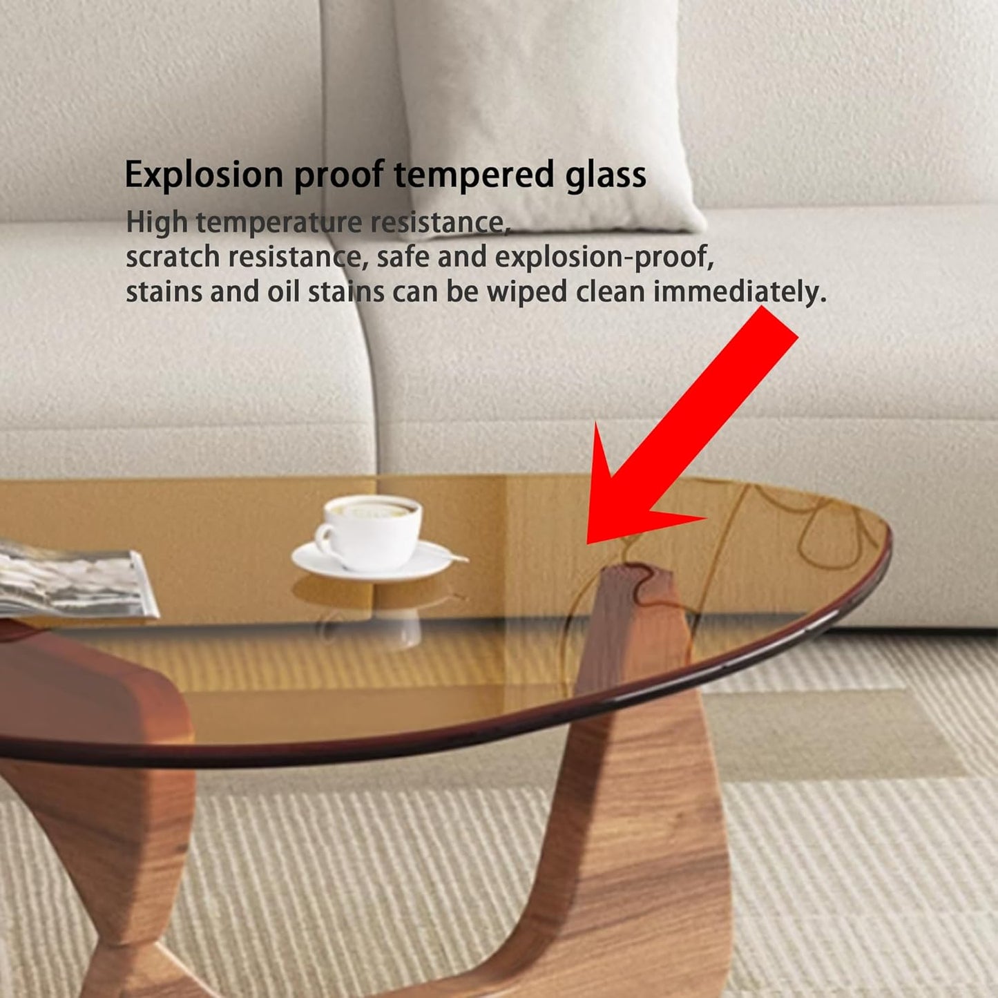 Modern Glass Coffee Table, 32.68" D X 22.44" W X 15.75" H, Abstract round Tea Tables for Living Room Home Office Industrial Cocktail Tables (Walnut-Brown Glass, 32.68")