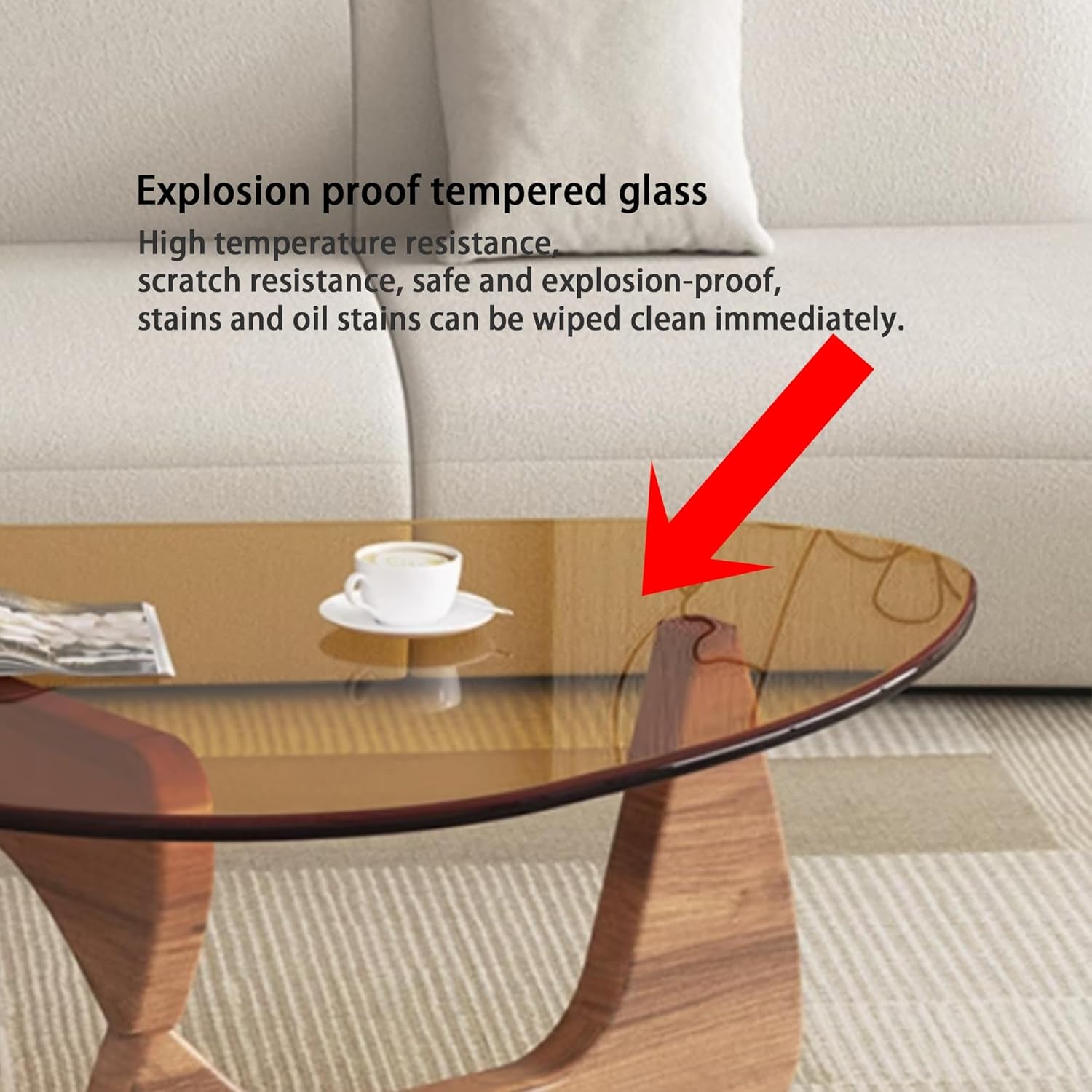 Modern Glass Coffee Table, 32.68" D X 22.44" W X 15.75" H, Abstract round Tea Tables for Living Room Home Office Industrial Cocktail Tables (Walnut-Brown Glass, 32.68")