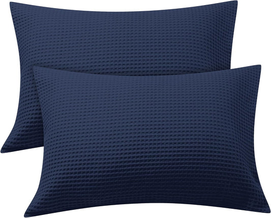 Waffle Weave Pillowcases King Size 2 Pack, 100% Egyptian Cotton 600 Thread Count, Ultra Soft Pillow Shams with Envelope Closure, Breathable Skin-Friendly Pillow Case, Navy Blue, 20X36 Inches