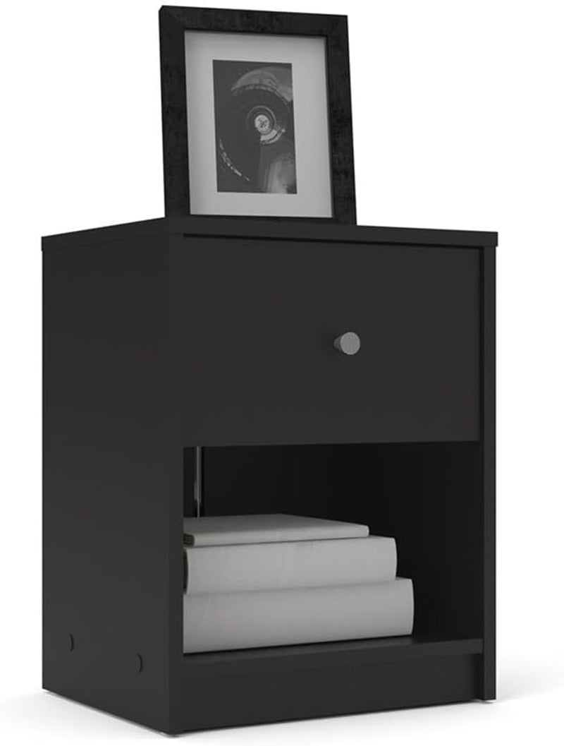 4-Pc Scandinavian Design Bedroom Furniture Set with 3-Drawer Chest, 6-Drawer Double Dresser & Two 1-Drawer Nightstands, Plastic Pewter Handles and Smooth Glides, in Black